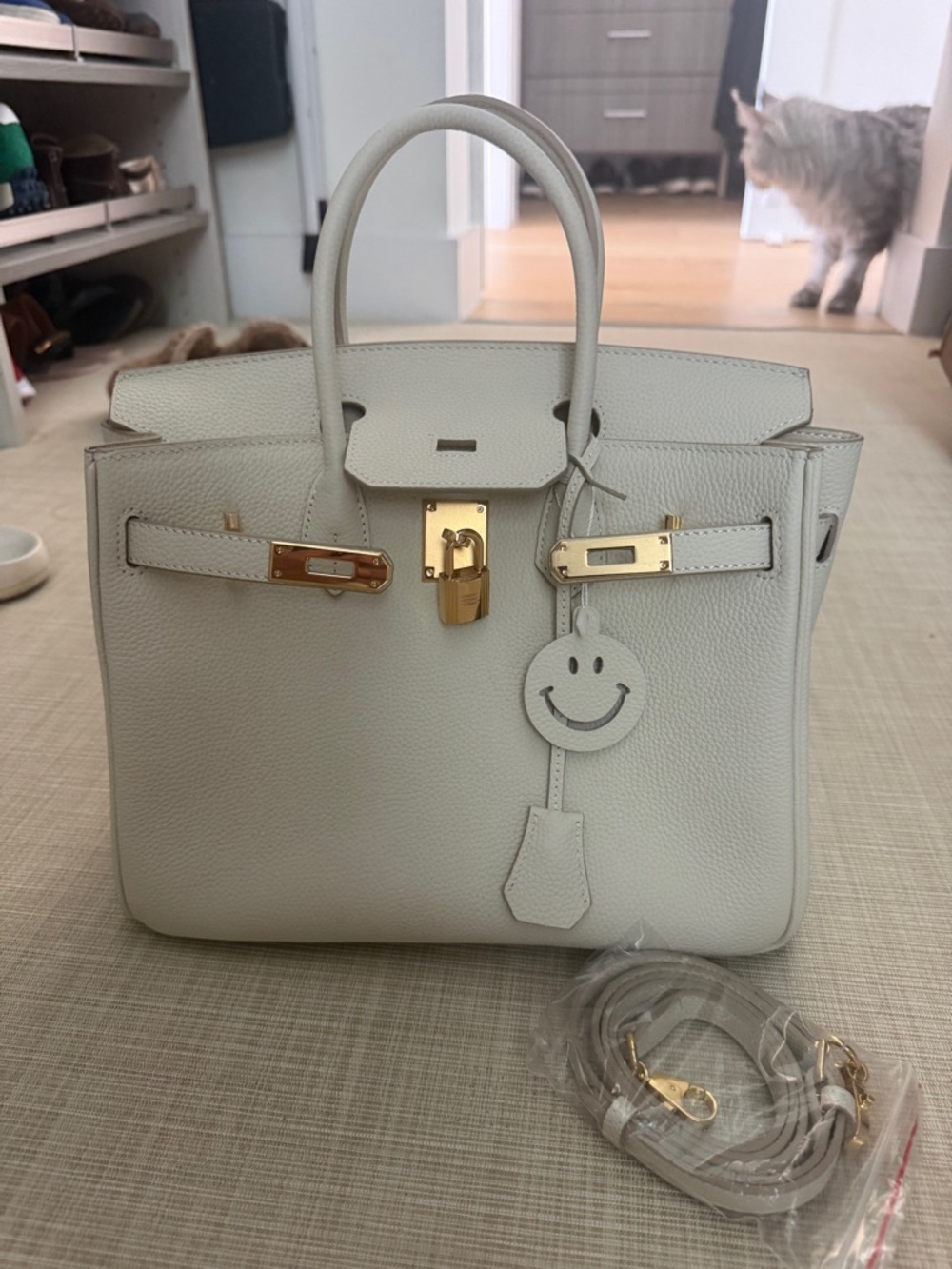 White Leather Top-Handle Bag with Gold Hardware
